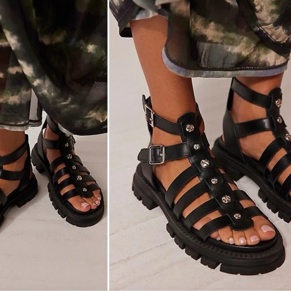 Free People Hadley Hammered Stud Lug Sandals Black Gladiator Grunge EU40 US9-9.5